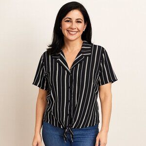 Japna Black Striped Button Down Short Sleeve Blouse